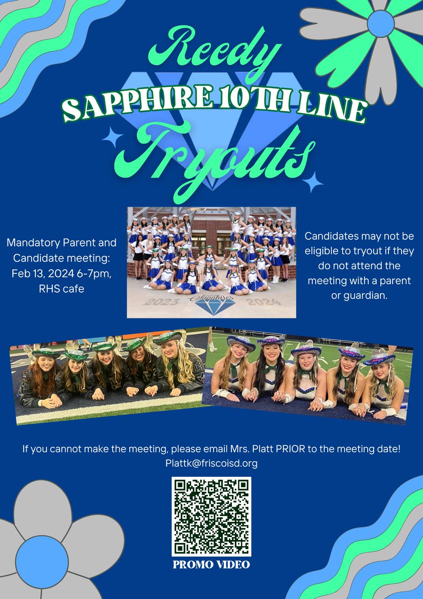 2 very important dates coming up! First, our 10th Line tryout meeting is February 13th at 6PM if you are interested in trying out for the Sapphires! Next, our Frisco Dance Team Showoffs for contest routines will be February 27th at *6:30* PM! We look forward to seeing you there💙