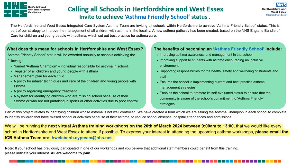 📢Calling all Schools in Hertfordshire and West Essex, join our next virtual Asthma training workshop to find out how to achieve 'Asthma Friendly School' status.
@HWEICB @hertscc #asthmafriendlyschool