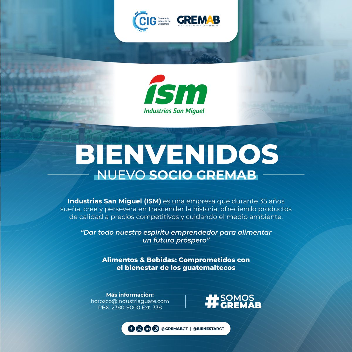 Gremabgt's tweet photo. #NuevoSocio | ¡Le damos la bienvenida a Industrias San Miguel! Nuevo integrante de la gran familia de la industria alimentaria y de bebidas de la #GREMAB, adscrita a @industriaguate.

#SomosGREMAB https://t.co/XmQwjI2jQV