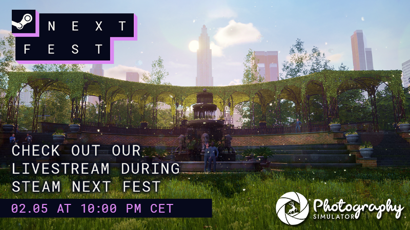 Join our dev's livestream during Steam Next Fest🎉
February 5th at 10 PM CET🕙
Mark the date - you don’t want to miss it!

Play demo🎮 and wishlist⭐️ #PhotographySimulator 📸

store.steampowered.com/app/1732910/Ph…

#gamedev #indiegames #gaming #photography #simulator #stream #Steam #NextFest