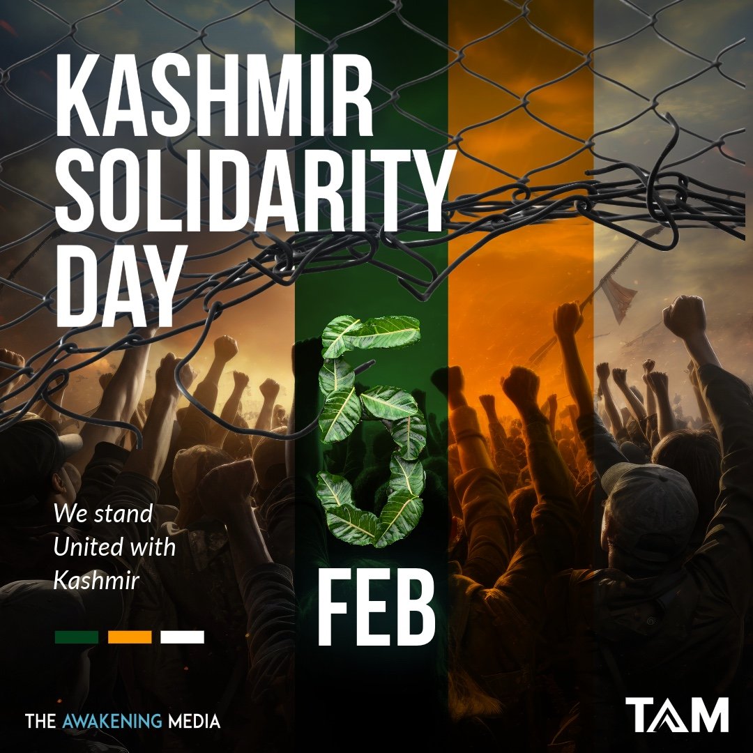 TAM_MEDIA1's tweet photo. All praises to #Allah Almighty and then to our #Muslim Brothers and Sisters of #Kashmir striving for #Freedom without compromising the #Core ideology of 
righteousness as outlined in the #Quran and the teachings of #Prophet (S.A.W).
TAM stands with YOU!
#KashmirSolidarityDay https://t.co/KEoM6wJfsQ