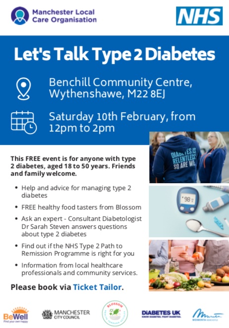 mcrlco's tweet photo. Join the South Manchester teams at Let's Talk Type 2 #Diabetes at the Benchill Community Centre 💪

📅 Saturday 10th February
🕙 12pm - 2pm

A free event with food tasters &amp; info from local healthcare professionals 🙌

Sign up here  👉https://t.co/7WTeRJ0t5e

@HealthySouthMCR https://t.co/W17TB2KyUe