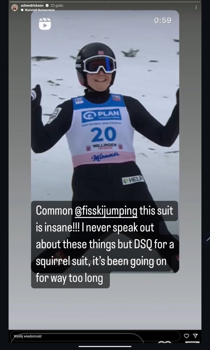 dawid_dukiewicz's tweet image. Tymczasem Sarah Hendrickson nie jest fanką kombinezonu w którym wczoraj wygraną odniosła Silje #Opseth🇳🇴
#skijumping