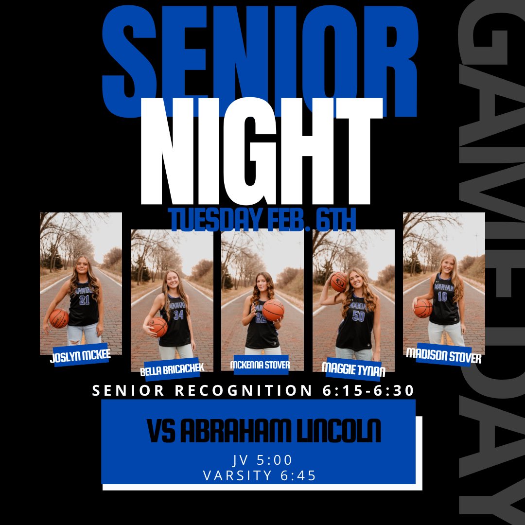 SENIOR NIGHT TUES FEB 6TH 
JV 5:00 
Senior Recognition 6:15
Varsity 6:45 
Come show support!