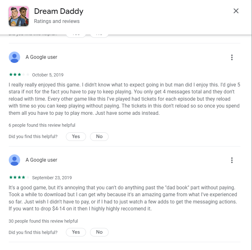 blgamesworld's tweet photo. Google Play reviews for Dream Daddy https://t.co/MOts7ptosv