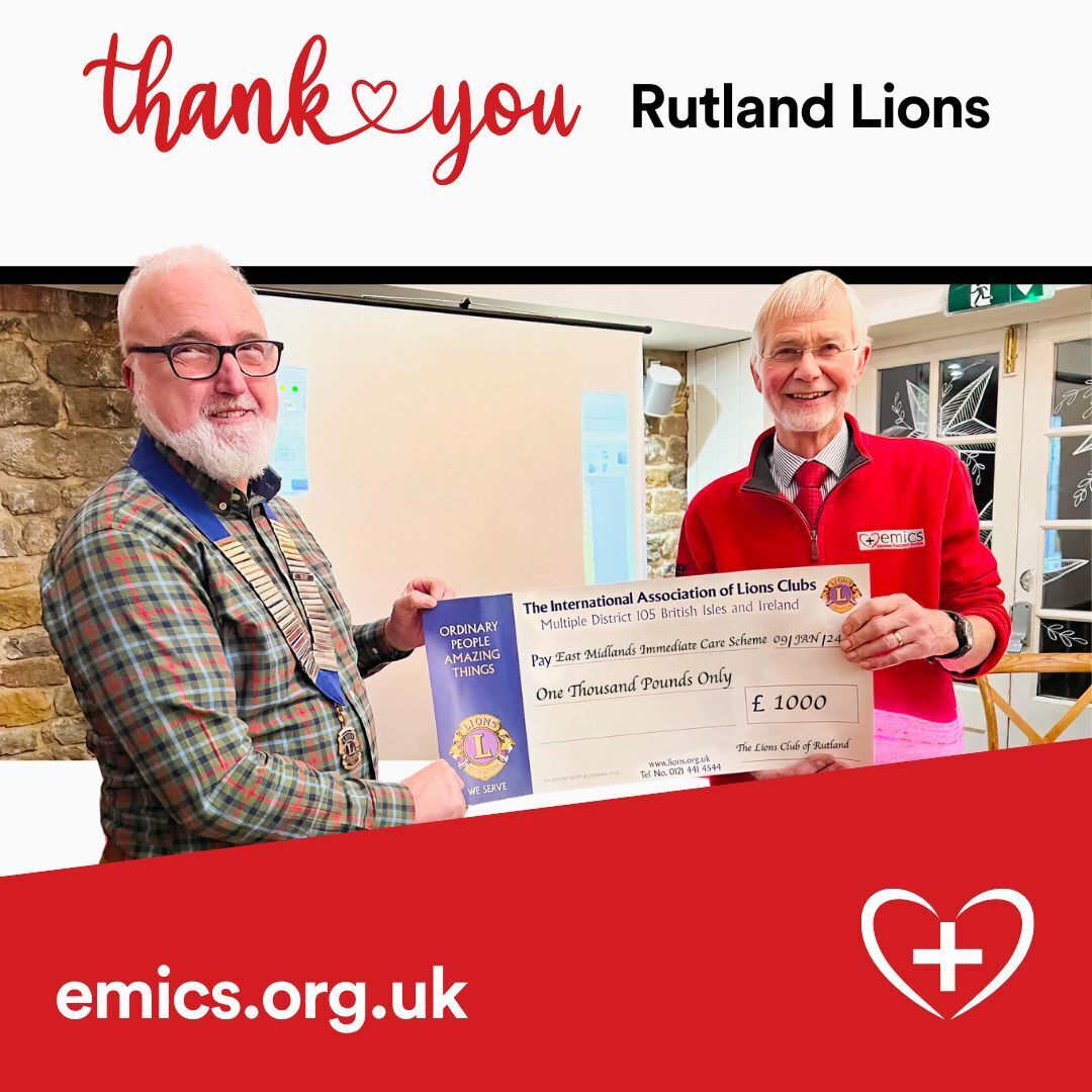 We are excited to share a heartwarming moment that happened this week! We want to give a big shoutout to the Rutland Lions for their generous donation to our cause. In the picture, Kev Gladding, President of Rutland Lions, presents a cheque to EMICS' Dr Tim Gray MBE. This support
