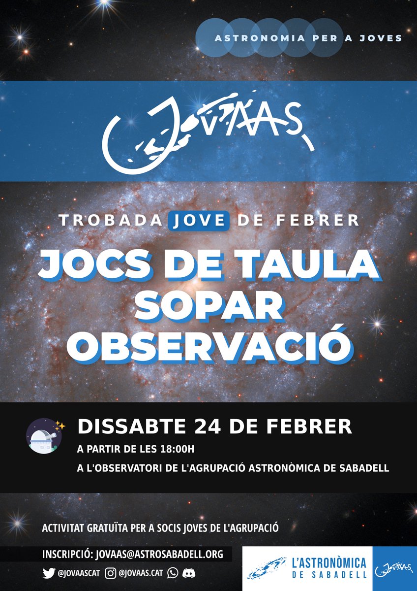 🎲🔭🌌 El dissabte 24 de febrer farem una trobada a l’Observatori de Sabadell! Passarem una tarda divertida jugant a jocs de taula, soparem i acabarem fent una observació amb el telescopi gran de 50 cm.
➡️ Per venir només cal enviar un mail breu a jovaas@astrosabadell.org