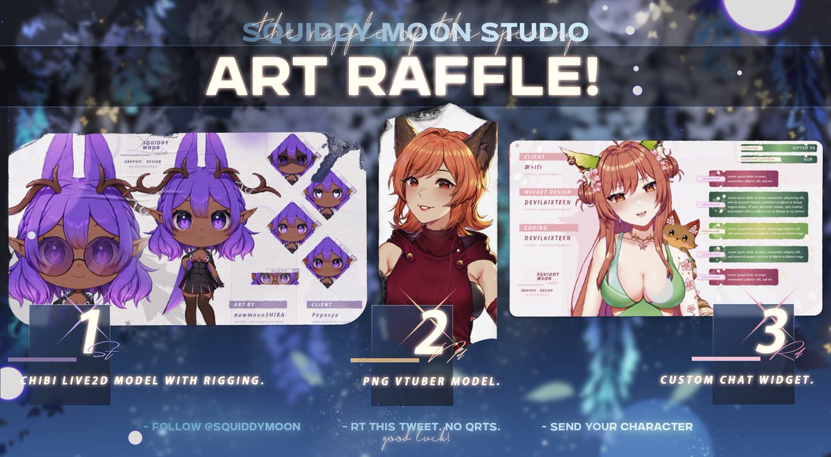 SquiddyMoon's tweet photo. ✨ART RAFFLE✨
3 winners for
• Chibi Vtuber model with rig
• PNG-Tuber model
• Custom chat widget
RULES 
• Follow @SquiddyMoon 
• Retweet (no QRTs)
• Reply with your character (optional)
Give away ends March 8! 🩷
Good luck, everyone! https://t.co/lIUgWvt6d1