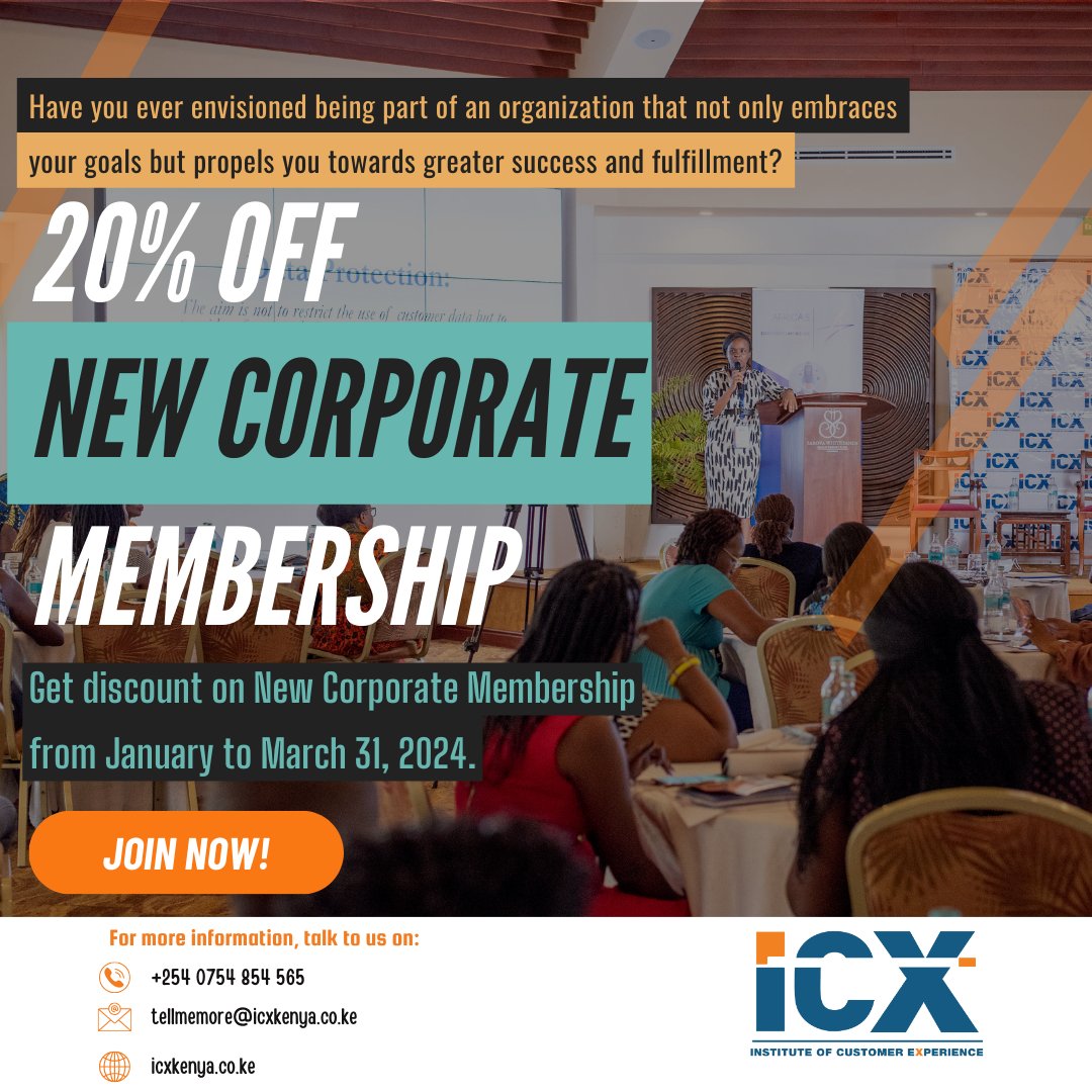icx_kenya's tweet photo. Unlock a great deal of opportunities in the #CX industry by becoming a member of #ICXKenya
Don't miss out on our 20% discount off new corporate membership. Join now!!!
Reach us on tellmemore@icxkenya.com or 0754854565
#ElevatingEXforCXSuccess #EXForCX #CXProfessionals https://t.co/KOW2MnnNN5