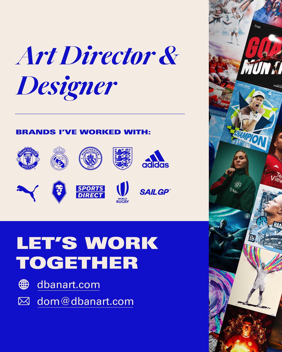 I'm available for freelance or full time roles through February &amp; onwards 🎨

I have experience working with brands such as: Man Utd, England FA, Adidas, Man City, Real Madrid, Puma &amp; more!

Please get in touch!

💼 Portfolio: dbanart.com
✉ Email: dom@dbanart.com