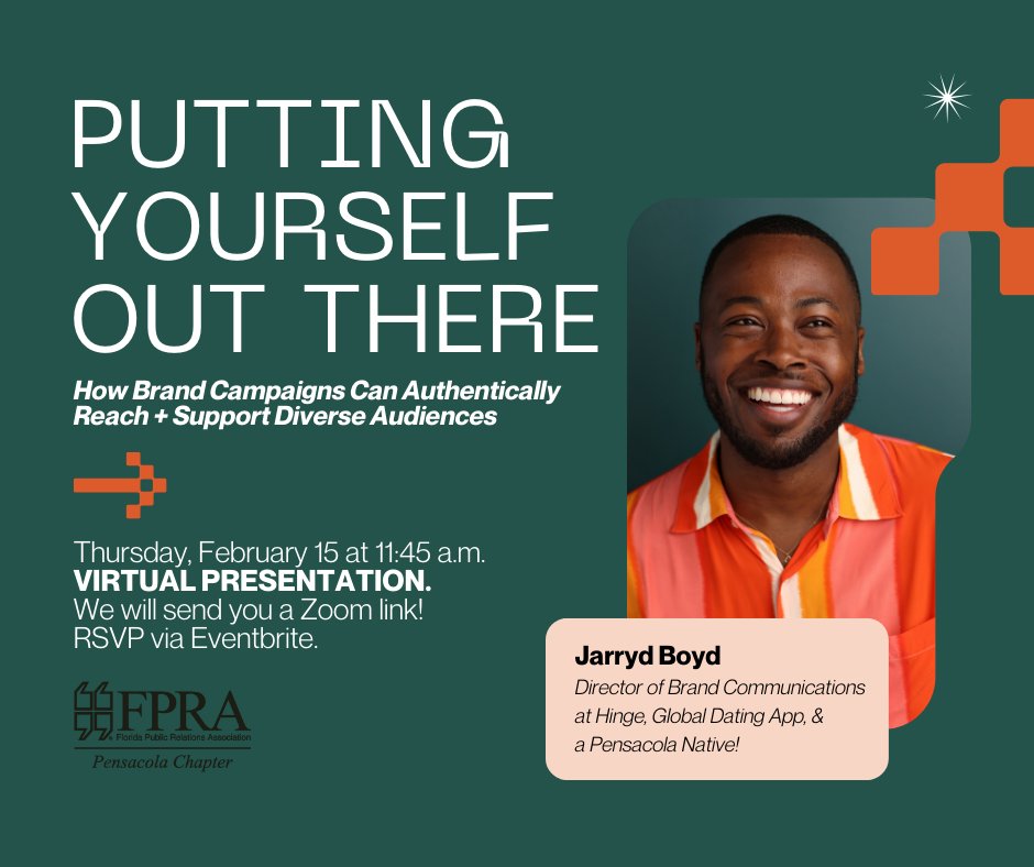 Join us VIRTUALLY on Feb. 15 for a presentation on "How Brand Campaigns Can Authentically Reach + Support Diverse Audiences" with Jarryd Boyd. 👏 RSVP via Eventbrite ===> eventbrite.com/e/823857468867… #FPRA #pensacolaflorida #FPRAPensacola