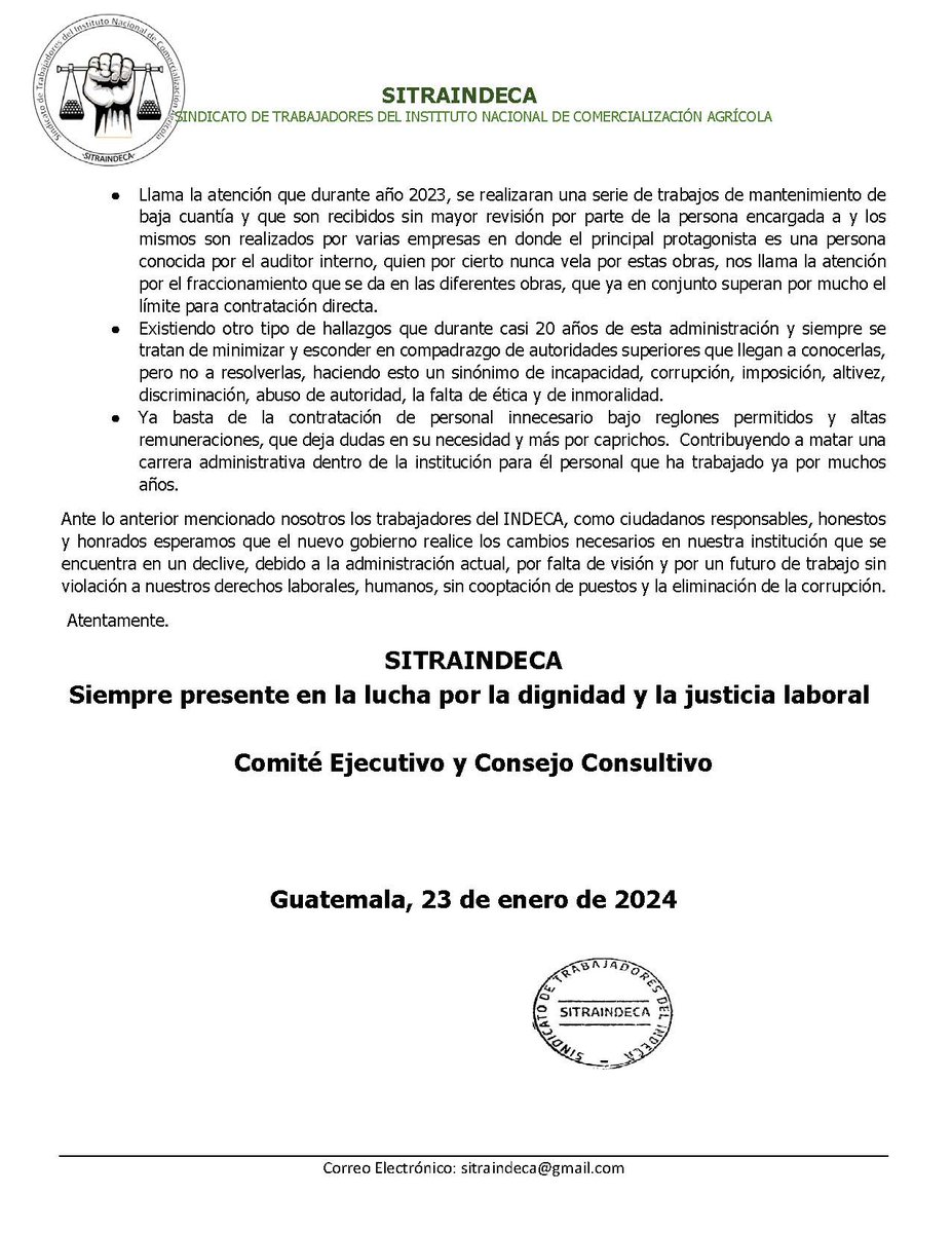 cdeleonat's tweet photo. Señor Presidente Bernardo Arévalo, esta es parte de la situación que se vive en el Instituto Nacional de Comercialización Agrícola -INDECA-,  hacemos de conocimiento publico el comunicado del sindicato, lo único que pedimos es el cambio del gerente que lleva 20 años en el puesto. https://t.co/2VpCmk8Mll