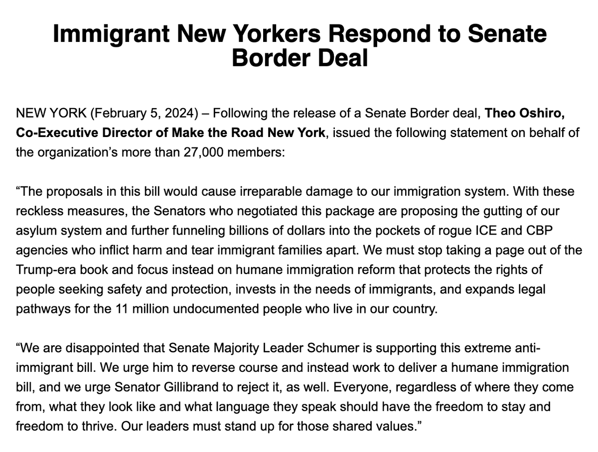 STATEMENT: Following the release of a Senate Border deal, our @TheoOshiro, said: 'The proposals in this bill would cause irreparable damage to our immigration system.' Full statement below👇