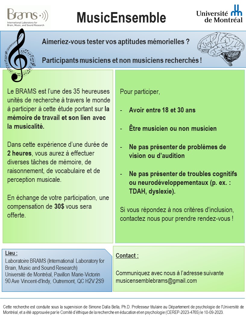 📢Étude – MusicEnsemble Si vous souhaitez participer ou si vous avez des questions, veuillez contacter Juliette Fortier à musicensemblebrams@gmail.com #BRAMS #musiccognition #neuromusic #musicneuroscience