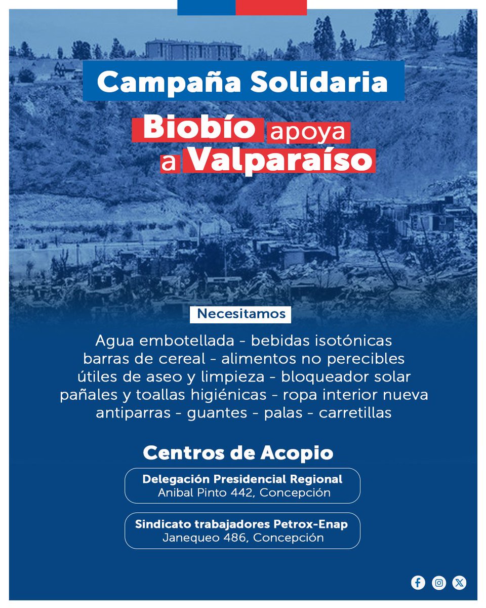 #IncendioForestal👉🏼Hace un año, nuestra región vivía una tragedia similar a la de nuestros compatriotas de la Región de #Valparaíso

Devolvamos esa solidaridad aportando a las personas damnificadas. Acércate a los puntos de acopio y ayuda a que Valparaíso se levante.

#ChileAyuda