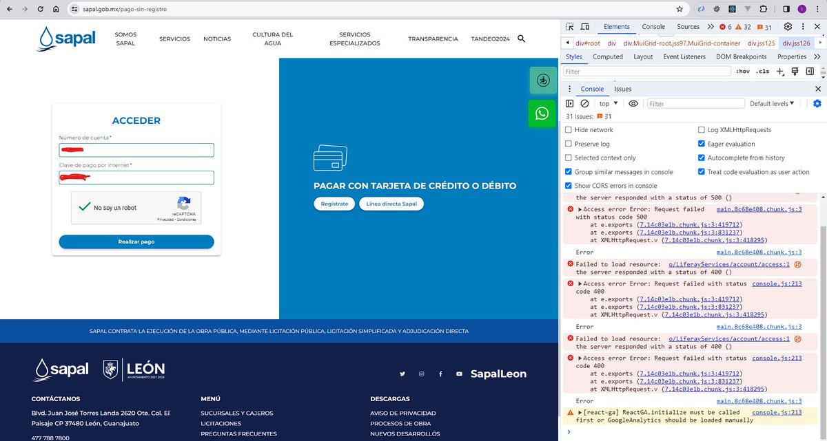 israes's tweet photo. @Sapalleon Su portal de internet no funciona ni el inicio de sesión con usuario y contraseña, ni tampoco el inicio con cuenta y clave para pagar (con recibo en mano). Ya lo he intentado varias veces en los últimos 2 meses. La petición arroja error 500 y error 400. #AYUDA https://t.co/mLhV8Lf14w