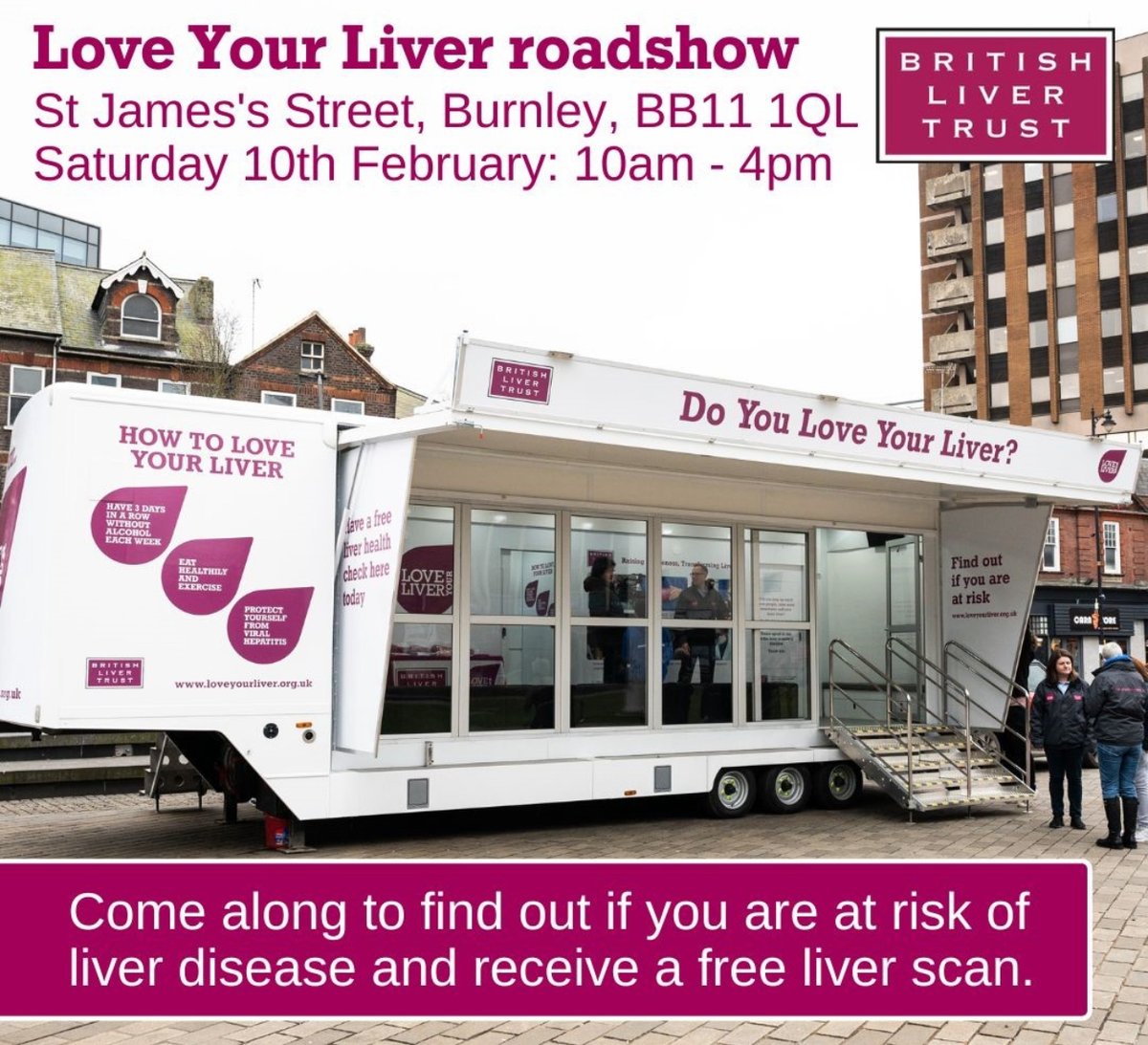 The British Liver Trust's 'Love Your Liver' roadshow is in town this weekend, giving people the opportunity to have a liver health screener. The mobile unit will be located on St James's Street from 10-4. Find out more here - bit.ly/3OwgbnK