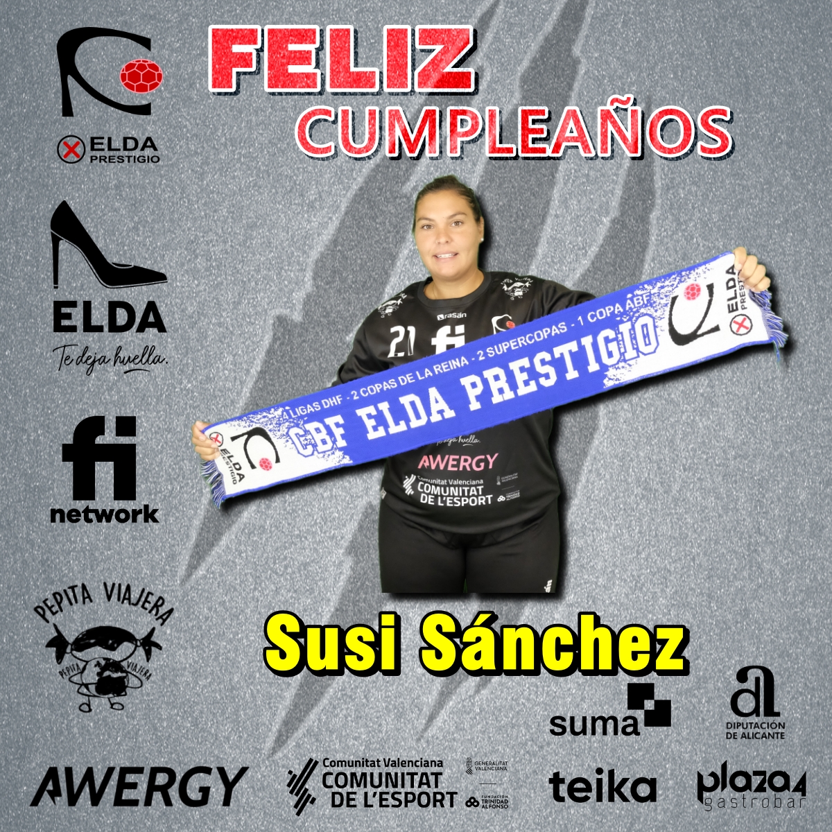 📢 🔵⚪️🎂 𝗙𝗘𝗟𝗜𝗖𝗜𝗗𝗔𝗗𝗘𝗦 𝗦𝗨𝗦𝗜 ‼️

Hoy cumple años nuestra portera Susi Sánchez García

Desde el Club deseamos que pases un maravilloso día.

<a href="/SumaAlicante/">Suma Gestión Tributaria</a> @teika_es <a href="/dipuAlicante/">Diputación de Alicante</a> @Finetwork <a href="/comunitatesport/">Comunitat de l'Esport</a> <a href="/FTA_CV/">Fundación Trinidad Alfonso</a> @fbmcv <a href="/IberdrolaDHF/">Liga Guerreras Iberdrola</a>  <a href="/RFEBalonmano/">RFEBalonmano</a>