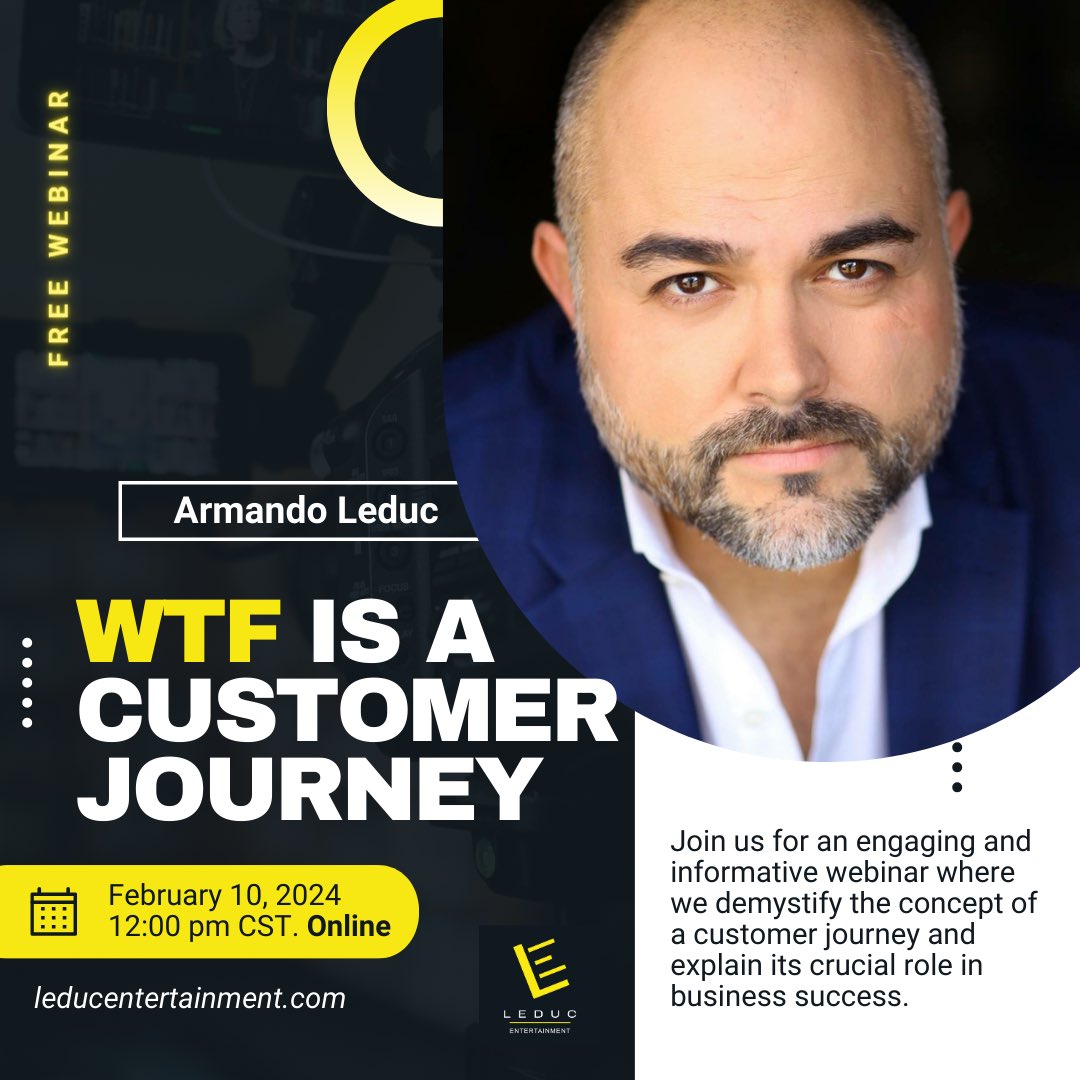 Struggling with client retention? Need guidance on customer service? We can help with all that and more!

Sign up for Leduc Entertainment's Free Webinar Event-
WTF is a Customer Journey
eventbrite.com/e/wtf-is-a-cus…

#leducentertainment #customerjourney #clientretention