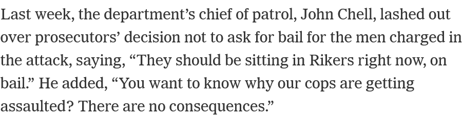 equalityAlec's tweet image. THREAD.  In a reasonable society, this level of lawlessness and ignorance would be disqualifying for a "law enforcement" official. A high-ranking NYPD cop suggests--falsely--that the purpose of bail is to detain presumed innocent people and to punish them with "consequences."