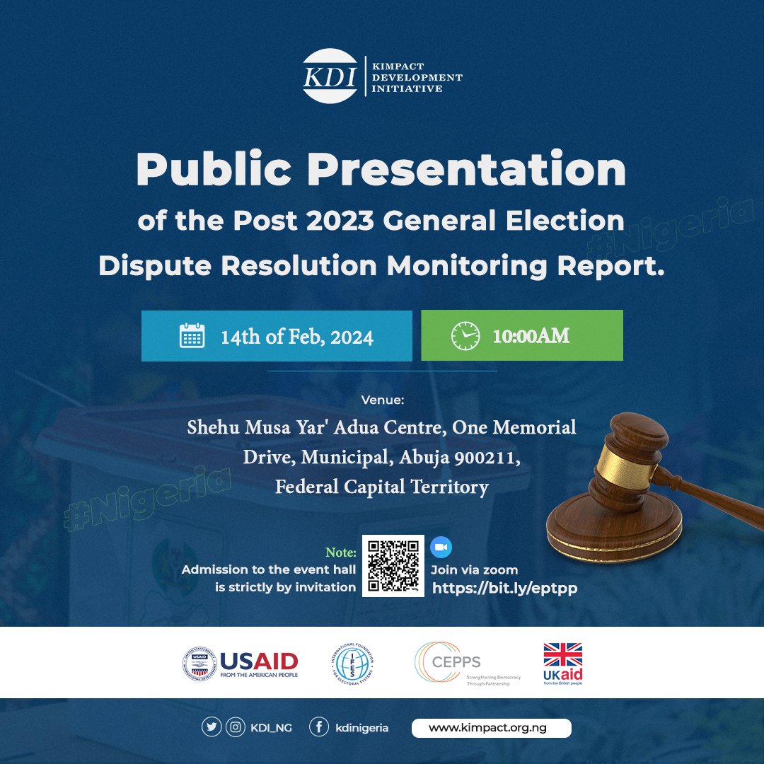 After the #NigeriaDecides2023, many candidates sought redress at the courts. #KDI, with support from @IFES1987 monitored the process and produced a report on the findings. Join us as we present the final report on Feb 14, 2024. You can also join via zoom bit.ly/eptpp