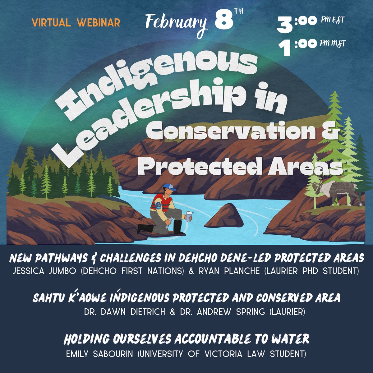 Join us for the fourth webinar in the Laurier Northern Webinar Series on Indigenous Leadership in Conservation & Protected Areas in the North. @GWFutures 📆Date: Feb. 8, 2024 🕒Time: 3:00 PM EST / 1:00 PM MST Email northernwaterfutures@gmail.com for the registration link.
