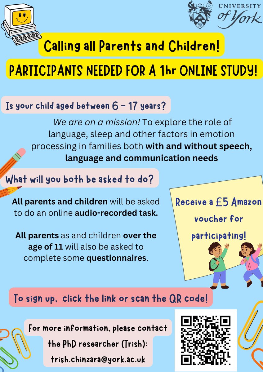 Are you a parent of a child aged 6 - 17 years, with or without speech, language and communication needs? I am recruiting families for an online study looking at the link between language, emotional expressiveness and wellbeing, for info please see: york.qualtrics.com/jfe/form/SV_8h…