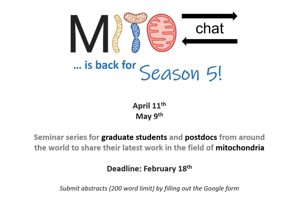 Mitochondriacs beware: it's MITOCHAT TIME!!!

Submit your abstracts using this google form:
forms.gle/7SZ8nauEYZ1bxD…