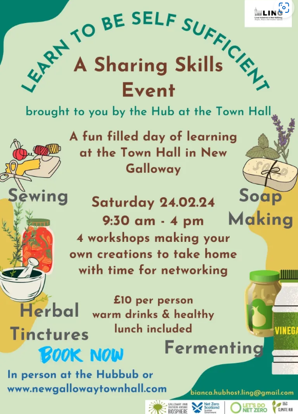 On 24th Feb Local Initiatives in New Galloway (LING)  will host this wonderful skill share at the shiny new town hall, supported by @_dgclimatehub 's seed fund. Come along!

Tickets: bit.ly/3ucRcPH

#selfsufficiency #communityclimateaction #newgalloway #maketogether
