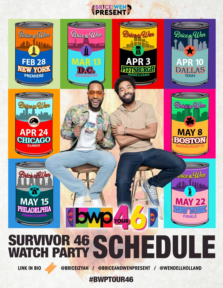Let’s get it!! 

We’re back with The #BWPTour46 ‼️The most incredible #Survivor Watch Parties are coming BACK to a city near you!! 

linktr.ee/briceandwenpre…

#BriceAndWen
#BriceAndWenPresent
#Survivor #Survivor46
