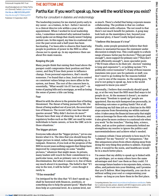 parthaskar's tweet photo. "People don't 'speak up' due to many reasons.

I’m aware that my ability to speak up is linked with my privileges, yet so many others have the same advantages and don’t use them as they could."

Via @bmj_latest 

https://t.co/76DI7gTROk https://t.co/gsA888xy2I