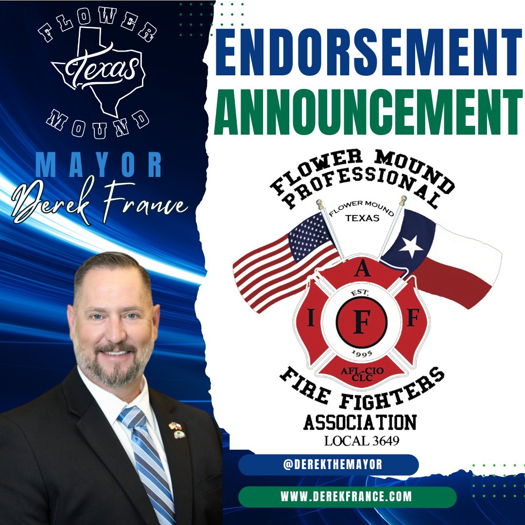 DerekTheMayor's tweet photo. Thrilled to announce an endorsement from FMPFFA! 🚒 Their support is a testament to our joint efforts in ensuring #FlowerMound remains a safe haven. A huge thank you to our #FMFD heroes for their dedication and bravery every single day. https://t.co/35dCZZ8vaC