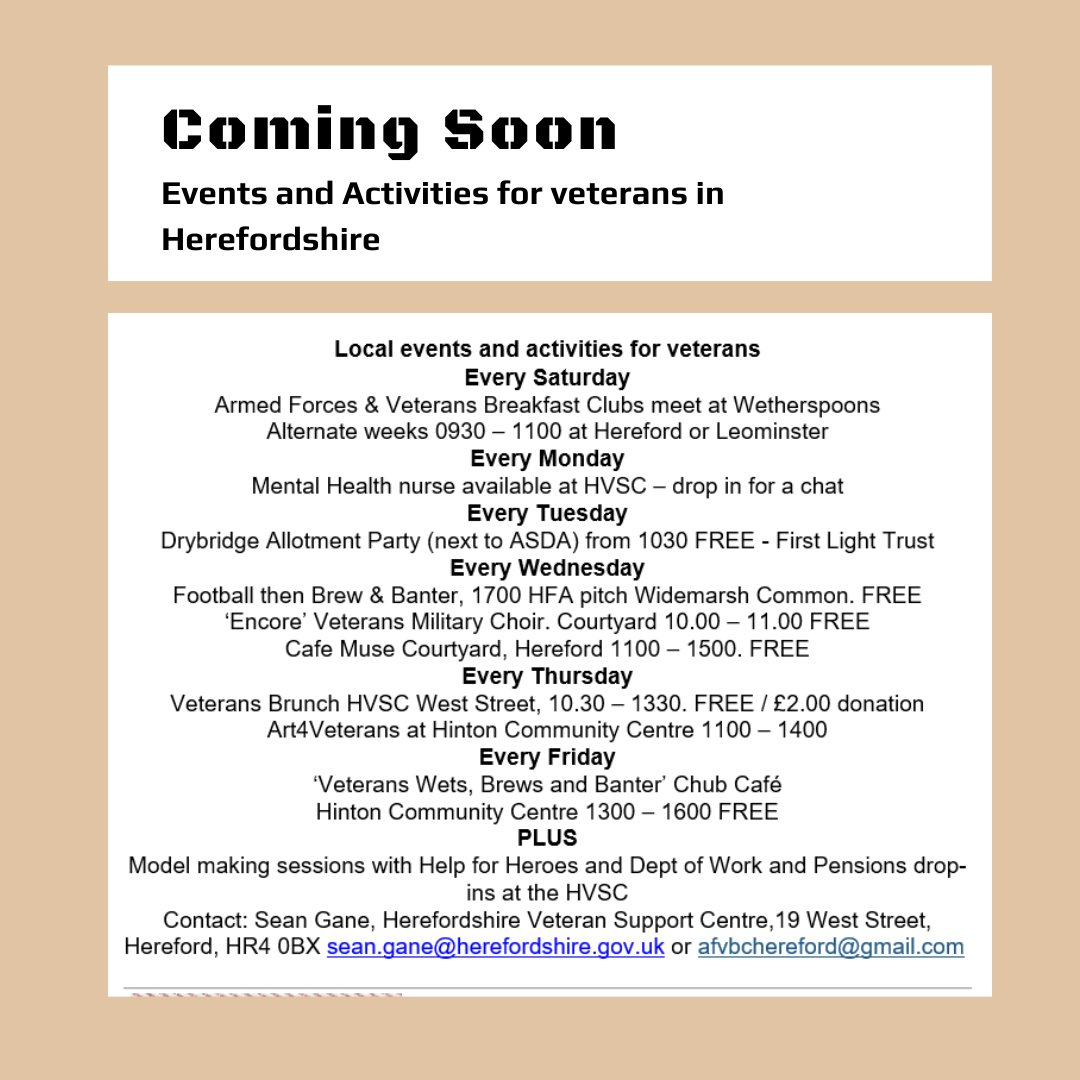 📢Do you live in Herefordshire? Are you a veteran? ➡️Here are some activities that are free and local to you. To find out more information contact the email address below. #herefordshire #veterans #support #localgroups #localactivities #freeactivities
