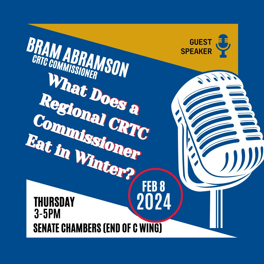 📢Calling all COMS students! Join us next Thursday, February 8th, from 3-5 PM in the Senate Chambers (C Wing) to hear from Bram Abramson, CRTC Commissioner for Ontario. It’s a talk you won’t want to miss! See you there!