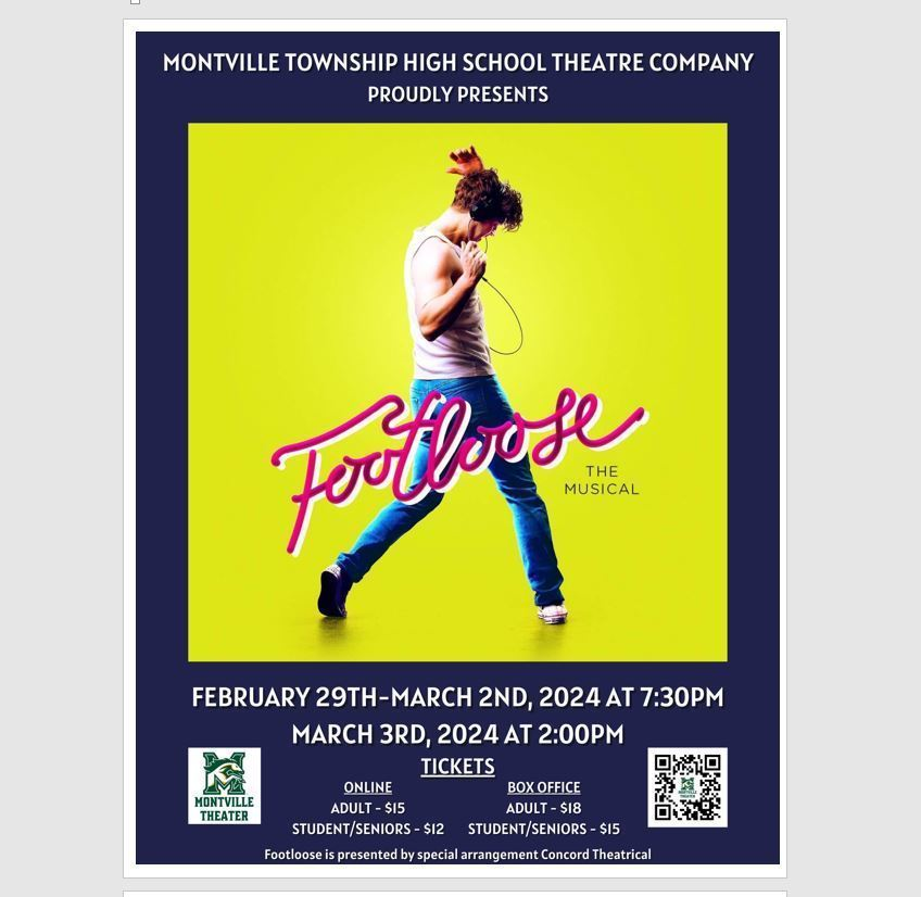 FOOTLOOSE! Tickets on sale NOW! The #MTHS Theatre Company's Spring Production: FOOTLOOSE! Fabulous Fun & Toe-Tapping Tunes for the WHOLE FAMILY! See it Feb 29, Mar 1 & 2 at 7:30PM & Mar 3 at 2PM. TKTS $12 & $15 on-line. $15 & $18 at the door. To ORDER: mthsnj.booktix.com