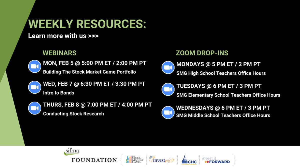 Learn all about bonds, conducting research, and building an investment portfolio in this week's free webinars! #StockMarketGame #financialeducation Click the event on our Google Cal to register: bit.ly/3kJe14K