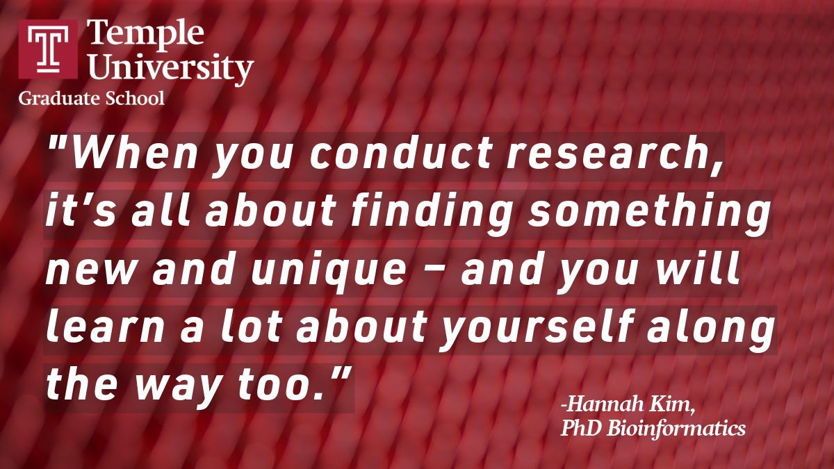 Temple_Grad's tweet photo. This week we are proud to showcase Hannah Kim, a PhD candidate in Bioinformatics in @CST_TempleU 🧬 https://t.co/6TxT5SDtEa
