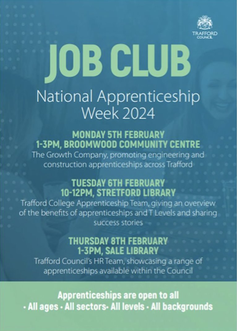 🌟 It's #ApprenticeshipWeek! Trafford Council is your gateway to a world of opportunities. Join three dynamic apprenticeship providers recruit for various roles. 🚀 

🌟At the same time, if you need literacy support on your career journey, Read Easy has your back. 💼