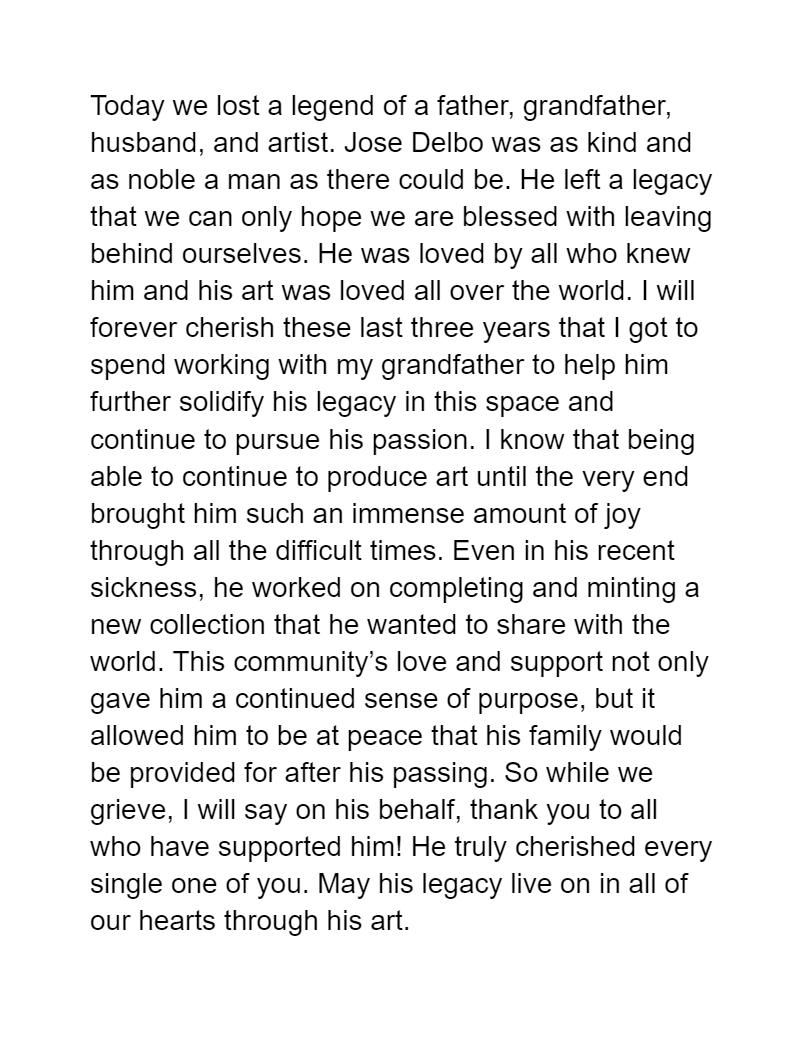 MetaverseNft's tweet photo. Today we lost a legend of a father, grandfather, husband, and artist. @jose_delbo was as kind and as noble a man as there could be. He left a legacy that we can only hope we are blessed with leaving behind ourselves. https://t.co/BlgADYLLL6