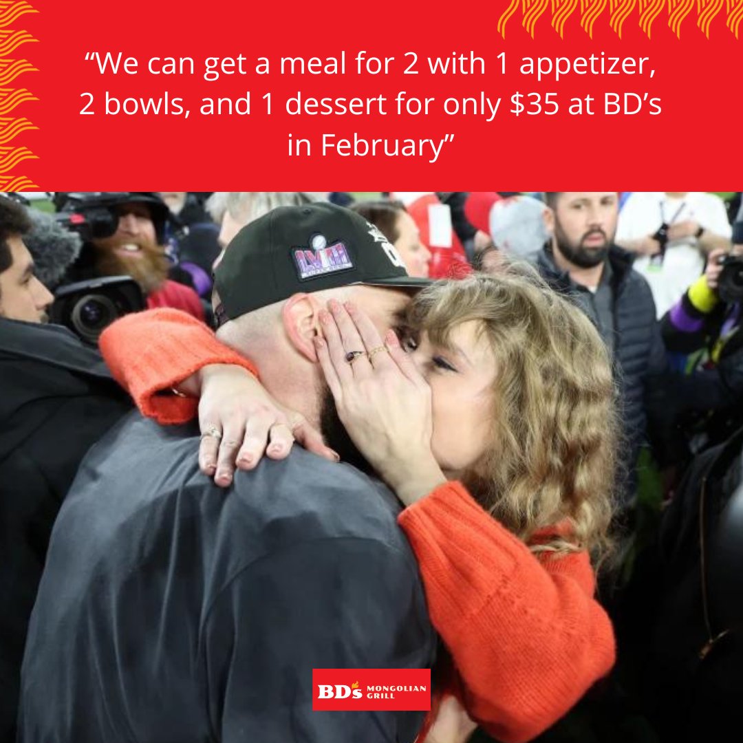 Thanks for letting us know, TS😊 We have a new February special that you don't want to miss. Available at participating locations for dine-in only during the month of February!

#BDsMongolianGrill #Mongolian #mongoliangrill #taylorswift #traviskelce #swiftie