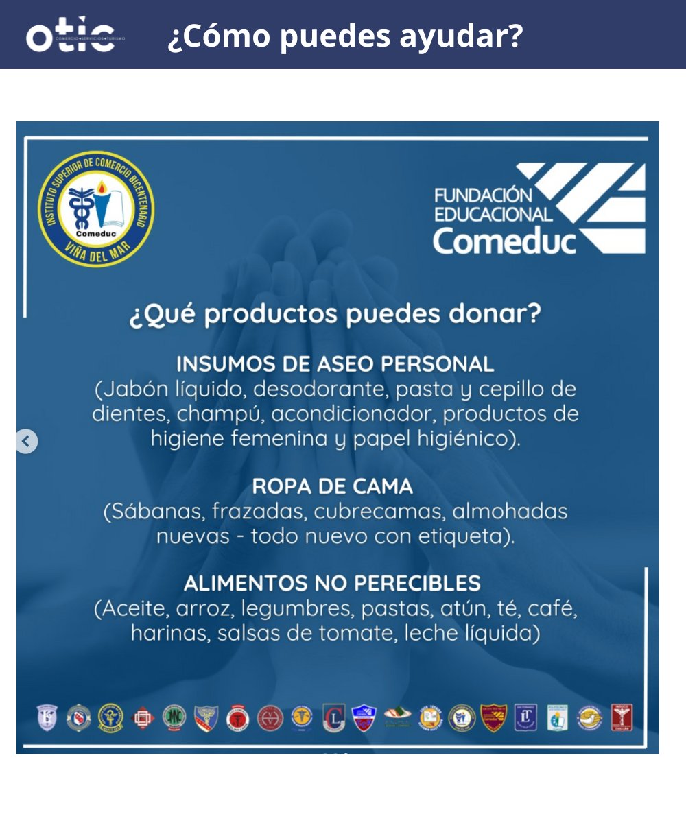 Pueden ayudar a los afectados de los incendios de la V región a traves de <a href="/Comeduc/">Comeduc</a> 
Desde el lunes 5 y hasta el jueves 8 de febrero, de 9 a 17 horas, estaremos recibiendo todo tipo de donaciones en @colegio_achiga_comeduc, ubicado en 📍Alonso de Camargo 6615, Las Condes.
