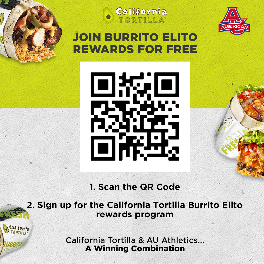 We have five <a href="/caltort/">California Tortilla</a> Burrito Elito Performers from January!

Congratulations to our first honorees of 2024—Lorelei Bangit of <a href="/AU_TrackXC/">AU Track & XC</a>, Matt Mayock of <a href="/AU_MBasketball/">American U. Men's Basketball</a>, Ivy Bales and Laura Nogues of <a href="/AU_WBasketball/">AU Women’s Basketball</a>, and Will Jarrell of <a href="/AU_Wrestling/">AU Wrestling</a>.
