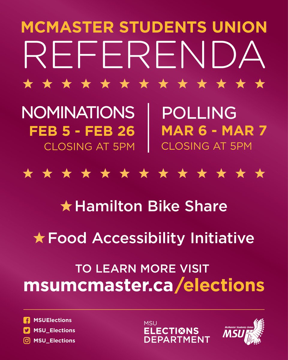 MSU Elections (@msu_elections) on Twitter photo The 2024 MSU Referenda are out!
Nominations to form a campaign team for the 2024 Referenda are open until Feb 26th at 5pm. For more information and to download a nomination package, visit msumcmaster.ca/governance/ele…
<a href="/MSU_McMaster/">McMaster Students Union (MSU)</a> The 2024 MSU Referenda are out!
Nominations to form a campaign team for the 2024 Referenda are open until Feb 26th at 5pm. For more information and to download a nomination package, visit msumcmaster.ca/governance/ele…
<a href="/MSU_McMaster/">McMaster Students Union (MSU)</a>