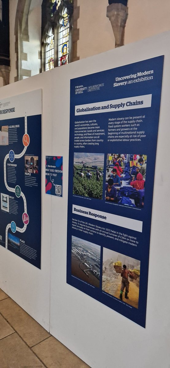WilberforceHull's tweet photo. Fantastic to see a warm response & survivors take centre stage as #GrimsbyMinster hosts the Uncovering Modern Slavery exhibition. Until 16th March & produced by the Humber Modern Slavery Partnership. The Minster goes blue to celebrate the partnership: https://t.co/wXUQjJiSOa https://t.co/Lct7YkPn4k