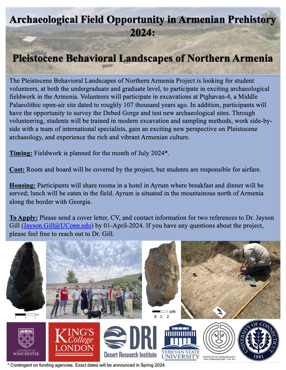 Seeking student volunteers for planned fieldwork this summer at a Middle Palaeolithic site in Armenia!
