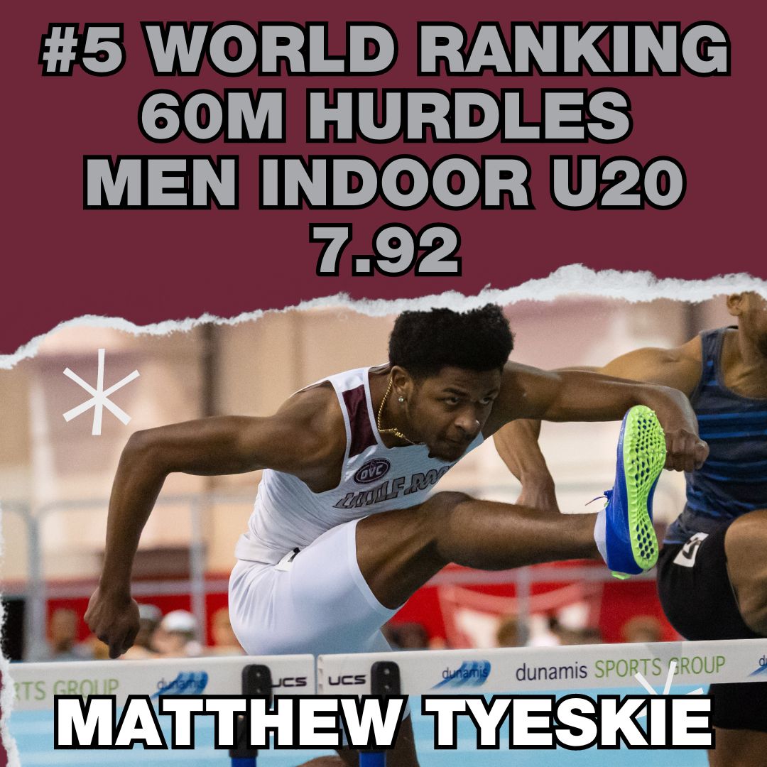 🚨 WORLD RANKING 🚨 - Little Rock's Matthew Tyeskie is ranked #5 in the World Men Indoor U20 60m hurdles! His time of 7.92 ranks him first in the OVC and first in Little Rock records, which he has set at every meet this season. #LittleRocksTeam