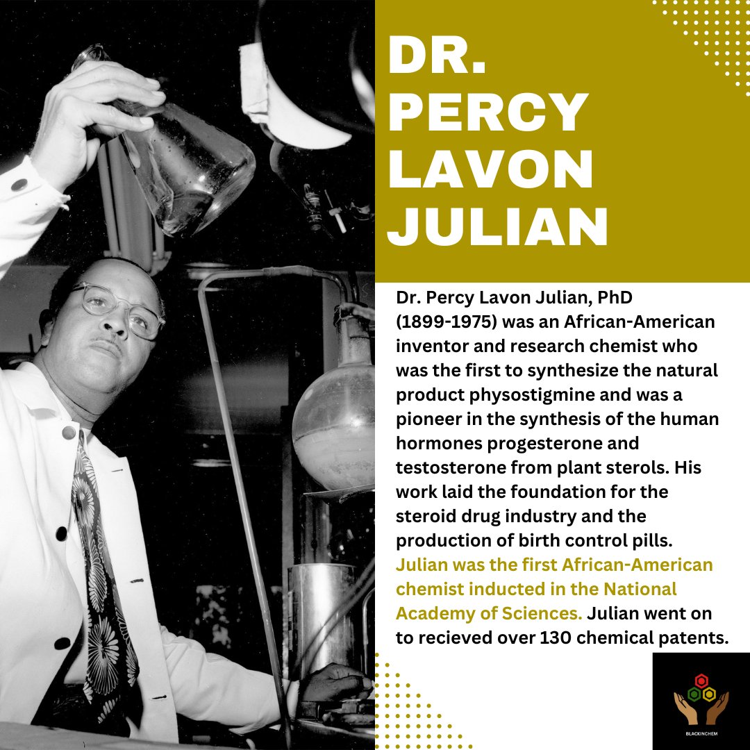 Dr. Percy Julian (1899-1975) was an African-American inventor and chemist whose work assisted the steroid and birth control industries. Julian was the first African-American chemist inducted in the <a href="/theNASciences/">National Academy of Sciences</a>. Julian also received over 130 chemical patents. #BlackHistoryMonth