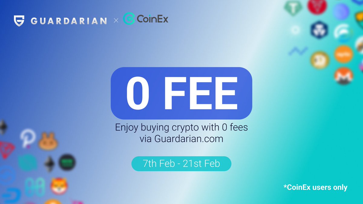 😎🎁 Hey @coinexcom crew! We're thrilled to announce an upcoming #ZeroFee campaign for #CoinEx users. Save the date and enjoy purchasing your favourite #crypto with eliminated fees via @guardarian_com 🔥 Duration: 7th Feb - 21st Feb 🔊Stay tuned!