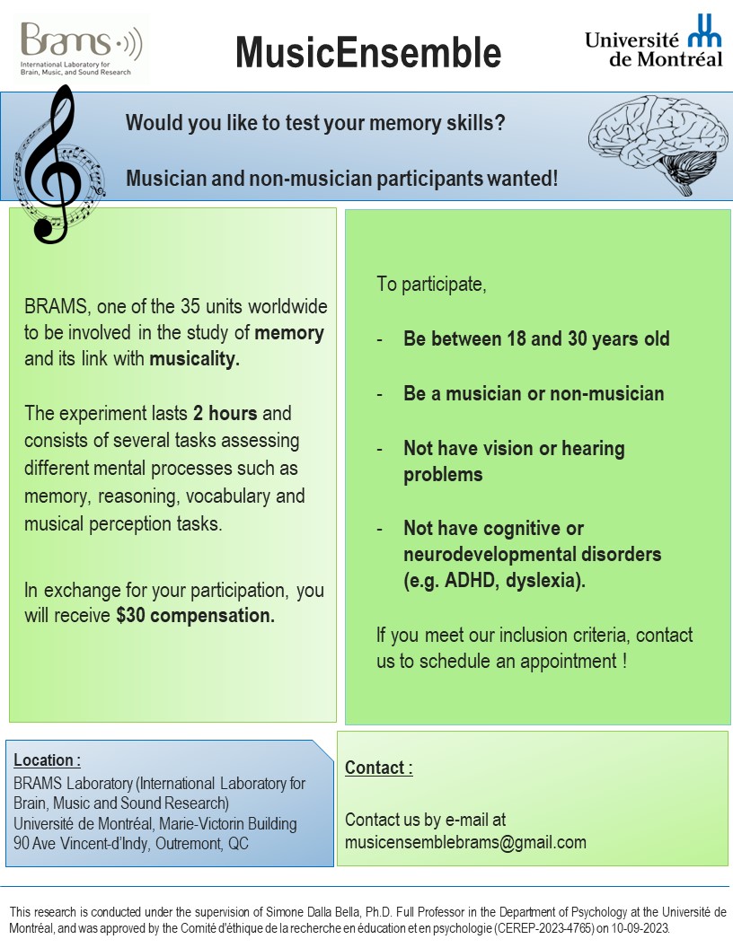 📢 Study - MusicEnsemble If you would like to participate or if you have any questions, please contact Juliette Fortier at musicensemblebrams@gmail.com #BRAMS #musiccognition #neuromusic #musicneuroscience