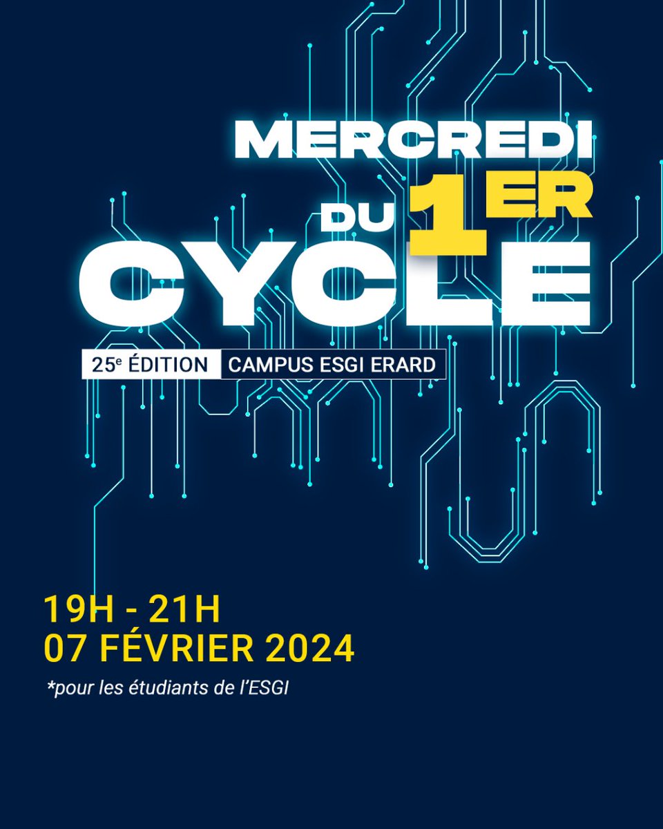 📅 Le 7 février 2024 aura lieu la 25e édition des Mercredis du 1er Cycle ! L'ESGI organise des conférences et invite des Alumni de l'école pour partager et interagir sur leur expérience aux étudiants de 1ère et 2ème année. Venez nombreux ! #ESGI #IT #informatique #esgisquad